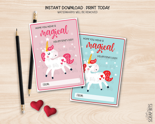 Unicorn Valentines, Magical Valentine's Day Printable Classroom Exchange Cards, Instant Download - Scrap Bits