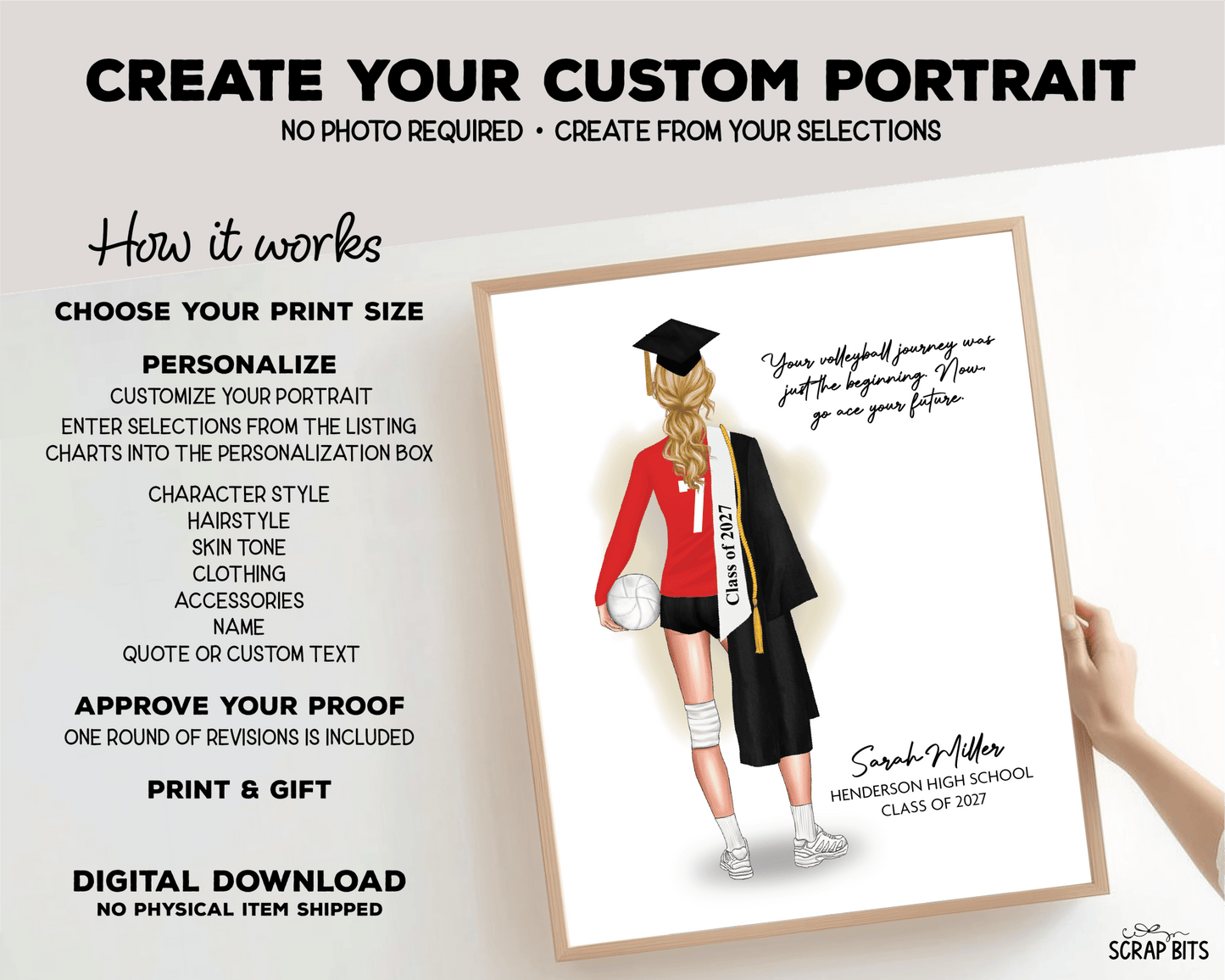 Volleyball (Female) Graduation Digital Portrait, Personalized Senior Gift Illustration Print - Scrap Bits