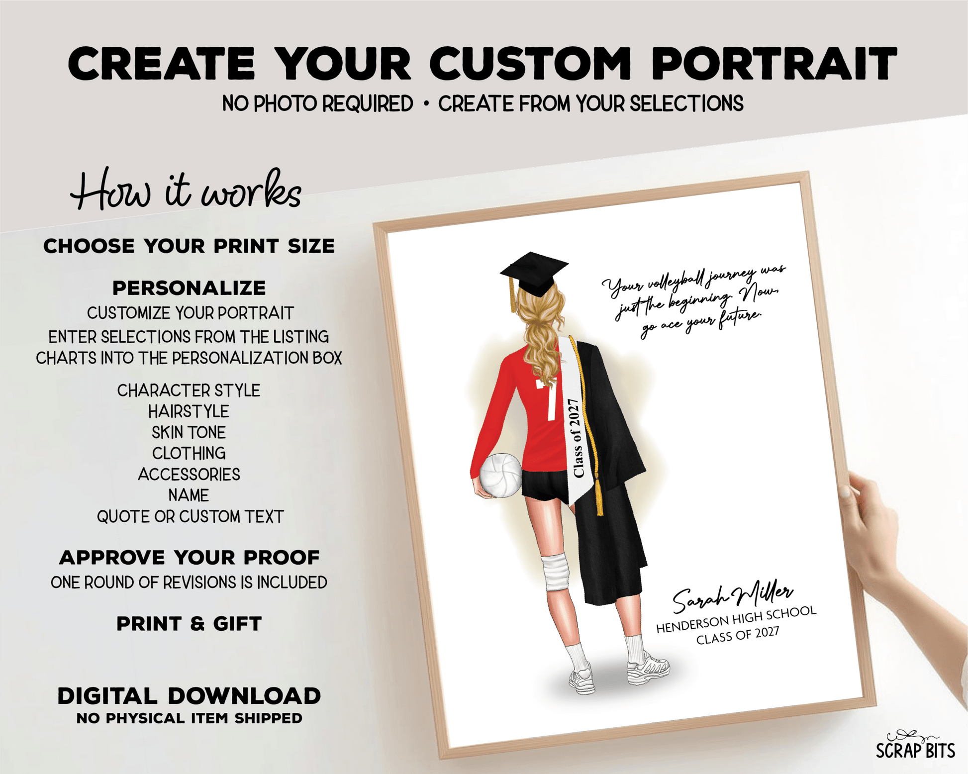 Volleyball (Female) Graduation Digital Portrait, Personalized Senior Gift Illustration Print - Scrap Bits