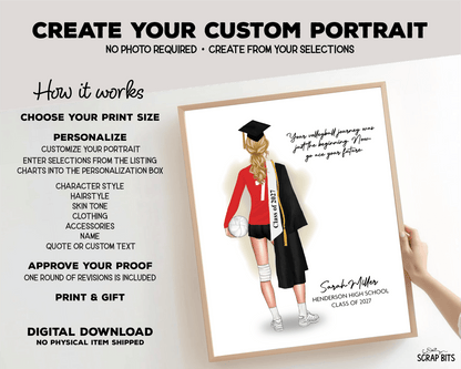 Volleyball (Female) Graduation Digital Portrait, Personalized Senior Gift Illustration Print - Scrap Bits