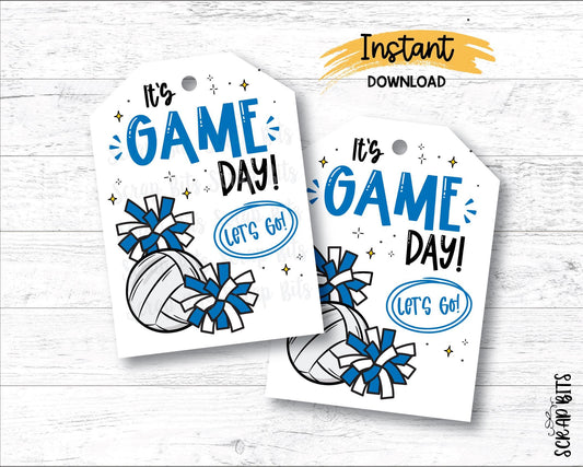 Volleyball Game Day Tags, Blue & White, Printable Volleball Pom Poms Gift Tags, Instant Download - Scrap Bits