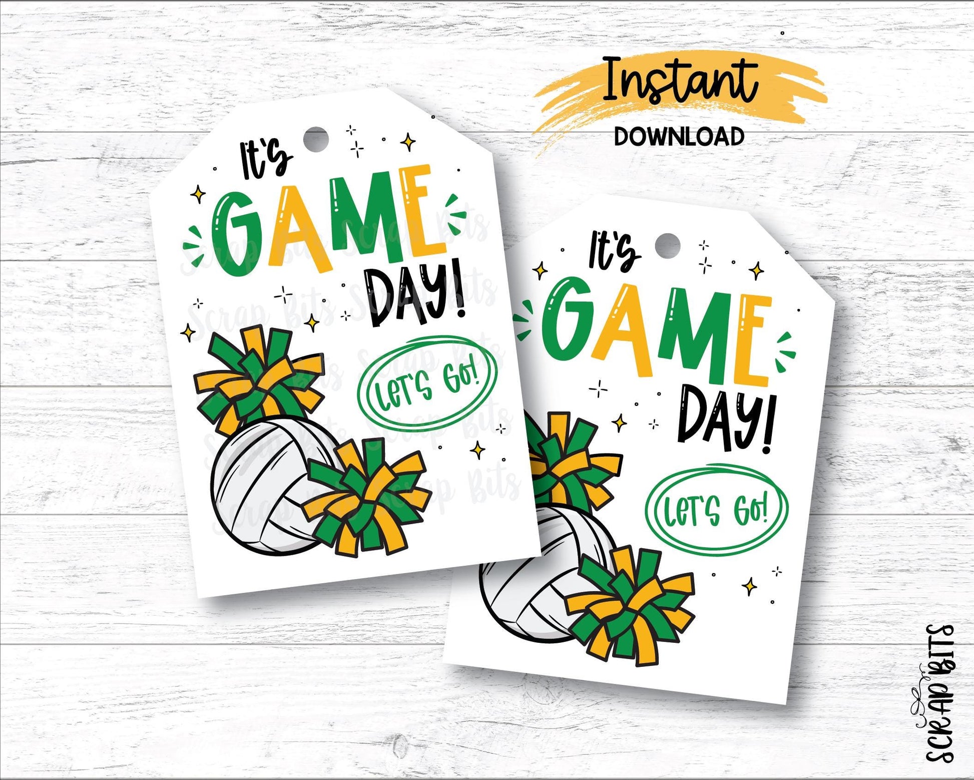 Volleyball Game Day Tags, Green & Gold, Printable Volleball Pom Poms Gift Tags, Instant Download - Scrap Bits