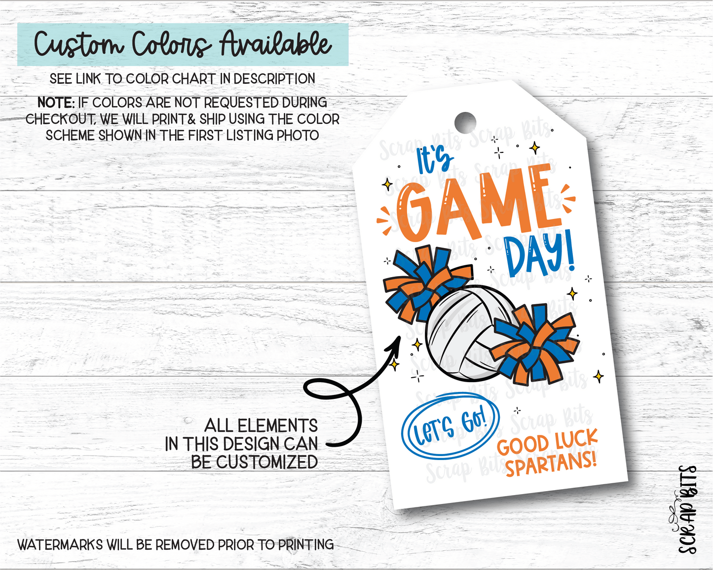 Volleyball Game Day Tags, Let's Go Pom Poms, Good Luck Treat Bag Tags - Scrap Bits