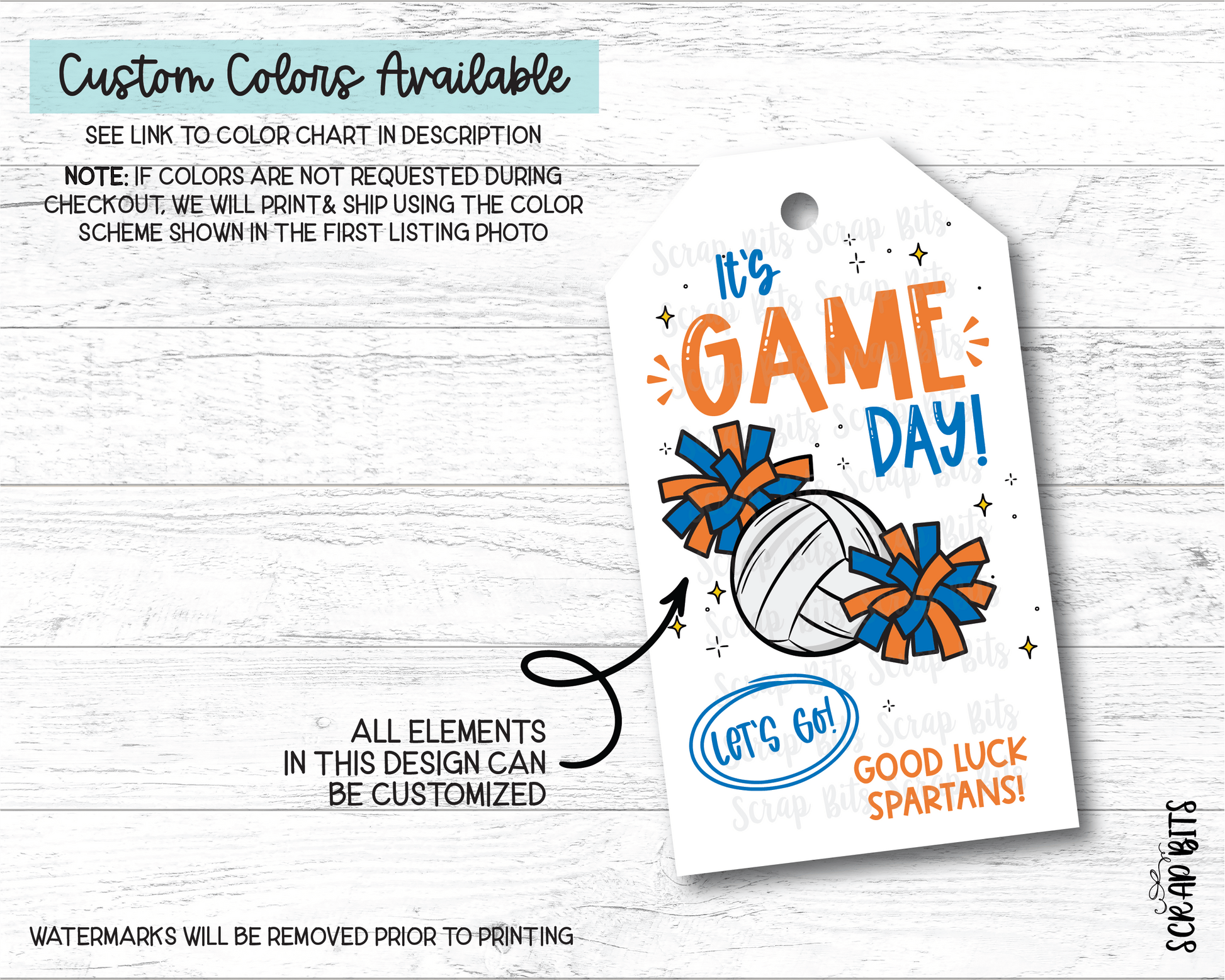 Volleyball Game Day Tags, Let's Go Pom Poms, Good Luck Treat Bag Tags - Scrap Bits