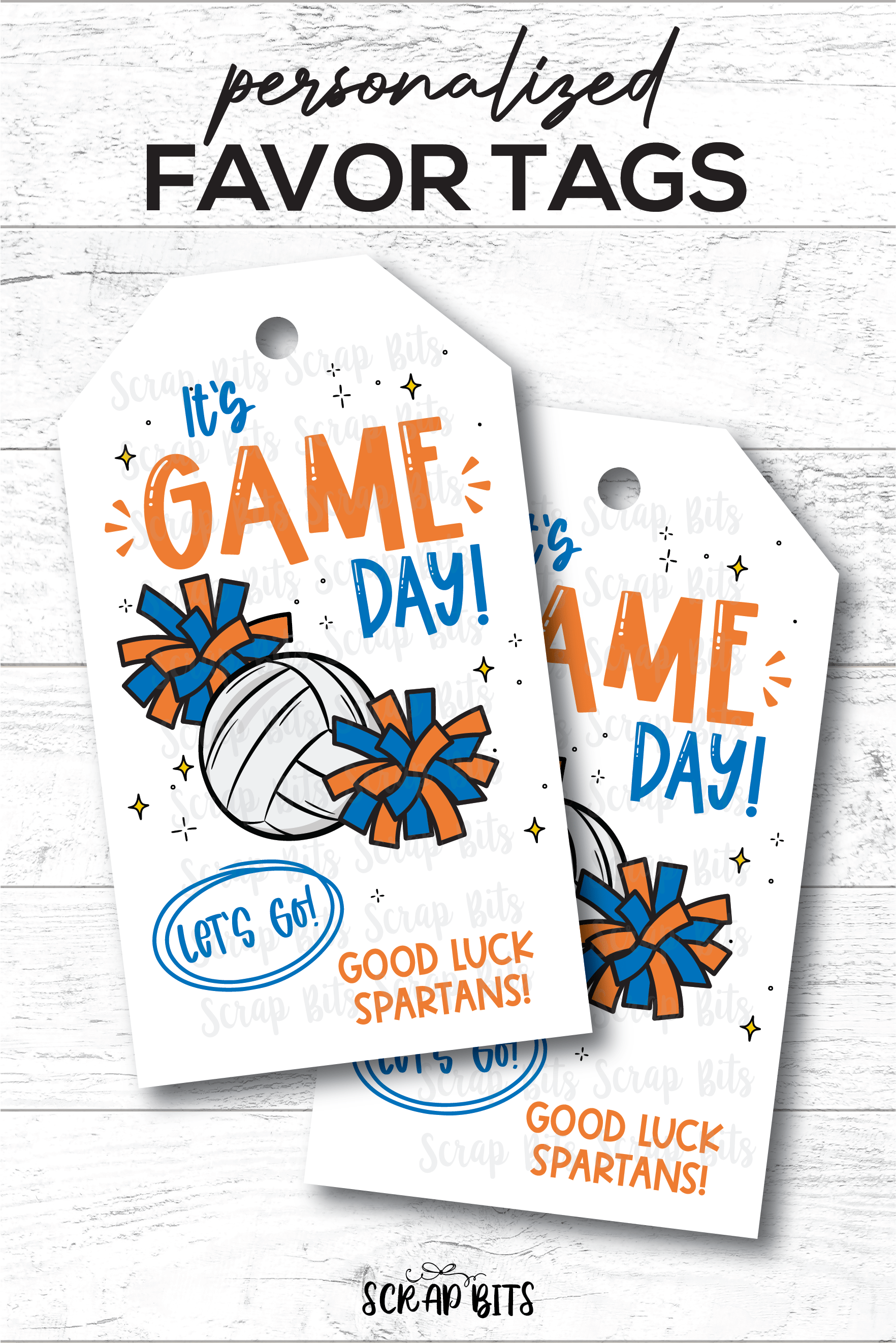 Volleyball Game Day Tags, Let's Go Pom Poms, Good Luck Treat Bag Tags - Scrap Bits