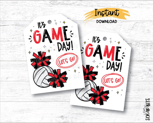 Volleyball Game Day Tags, Red & Black, Printable Volleball Pom Poms Gift Tags, Instant Download - Scrap Bits