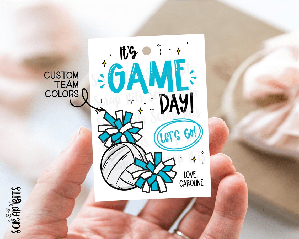 Volleyball Game Day Tags, Volleyball & Pom Poms, Volleyball Team Treat Bag Tags - Scrap Bits