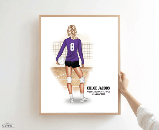 Volleyball Girl Portrait Print, Custom Digital Drawing - Scrap Bits