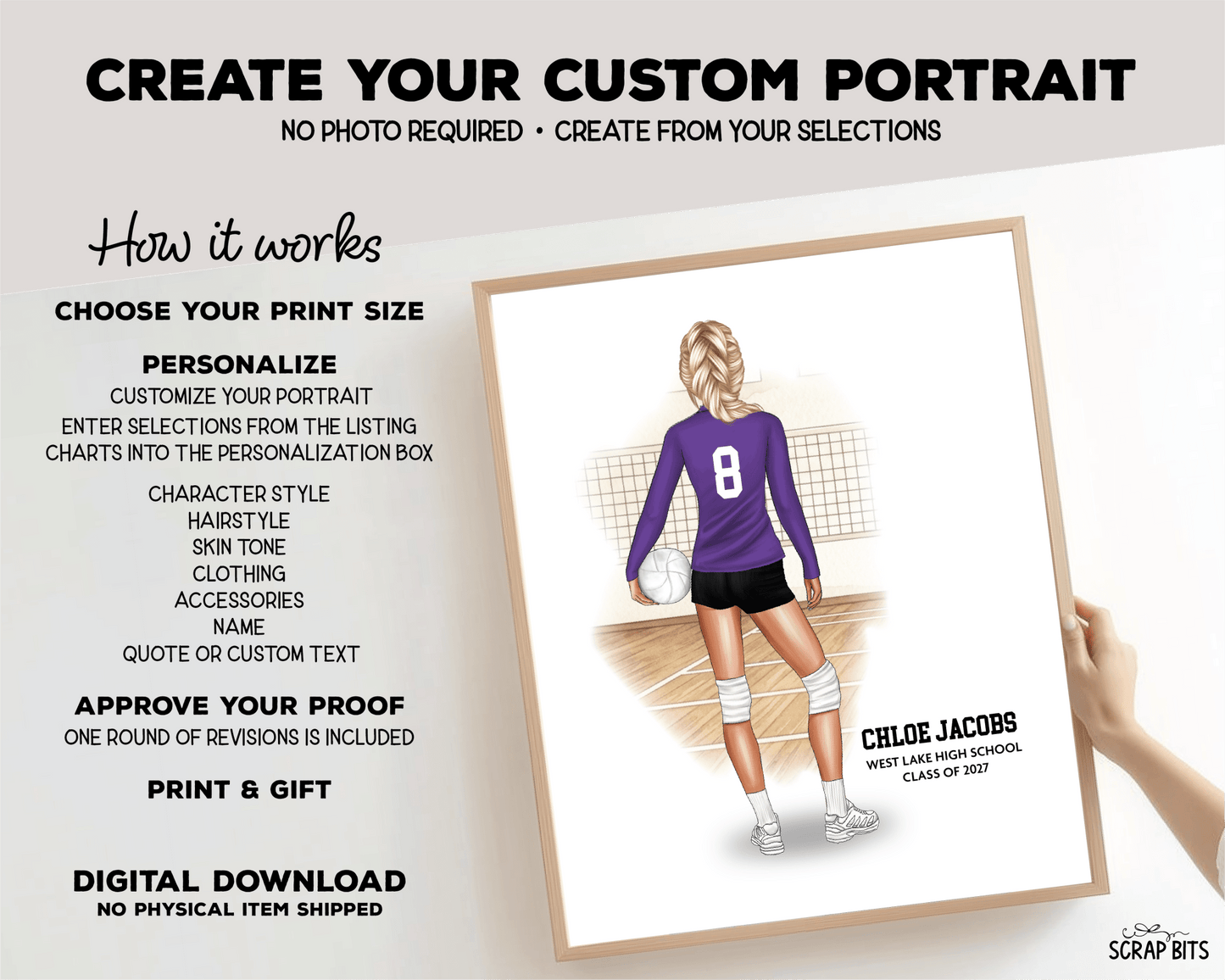 Volleyball Girl Portrait Print, Custom Digital Drawing - Scrap Bits