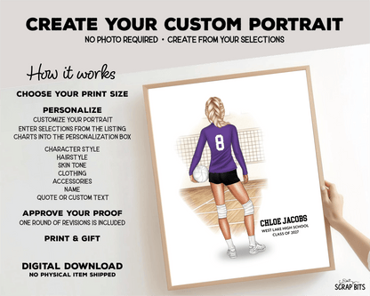 Volleyball Girl Portrait Print, Custom Digital Drawing - Scrap Bits