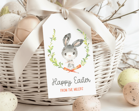 Watercolor Bunny Carrot Wreath, Personalized Easter Gift Tags - Scrap Bits