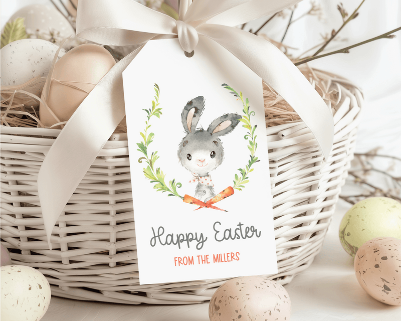 Watercolor Bunny Carrot Wreath, Personalized Easter Gift Tags - Scrap Bits
