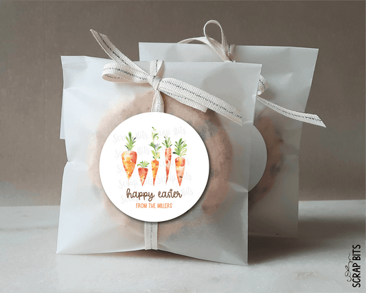 Watercolor Carrots Happy Easter, Personalized Easter Gift Stickers or Tags - Scrap Bits