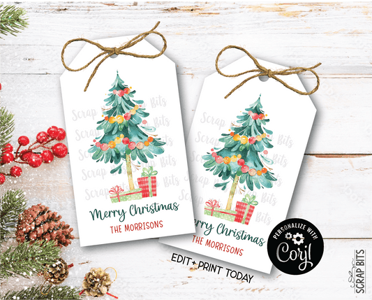 Watercolor Christmas Tree with Gifts, Printable Christmas Gift Tags . Instant Download Editable Template - Scrap Bits