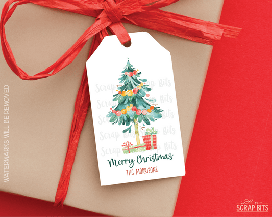 Watercolor Christmas Tree with Gifts, Printable Christmas Gift Tags . Instant Download Editable Template - Scrap Bits