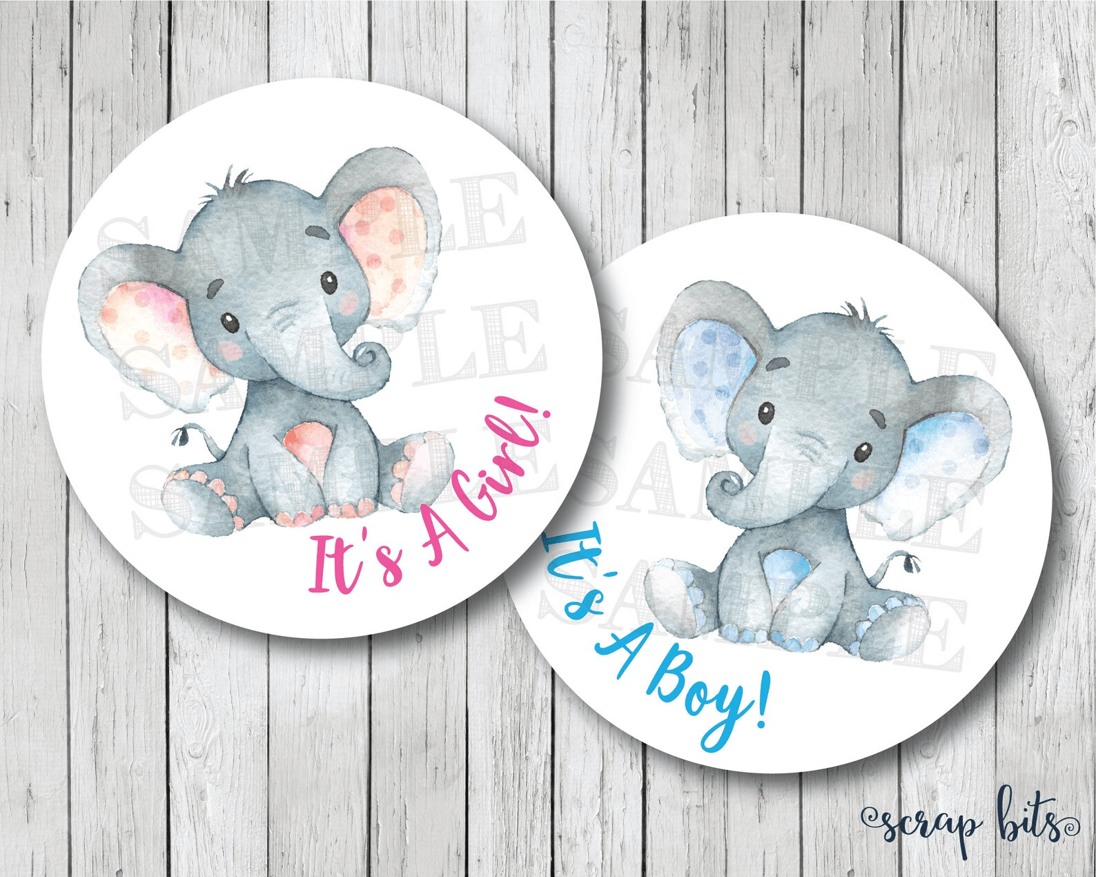 Watercolor Elephant Gender Reveal Stickers - Scrap Bits