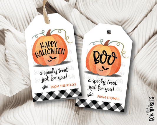 Watercolor Pumpkin Buffalo Plaid BOO Halloween Tag Set - Scrap Bits