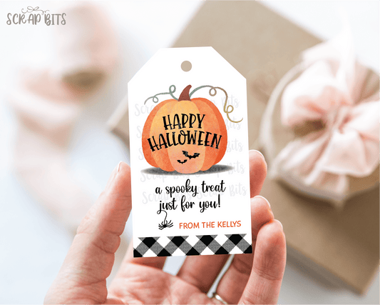 Watercolor Pumpkin Buffalo Plaid BOO Halloween Tag Set - Scrap Bits
