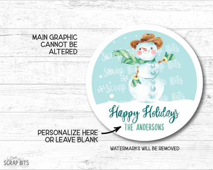 Watercolor Snowman, Personalized Christmas Gift Stickers or Tags - Scrap Bits