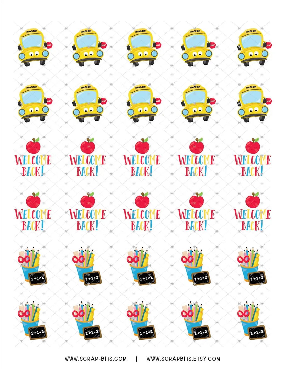 Welcome Back To School Sticker Set, School Bus, Pencil Cup, Apple - Scrap Bits