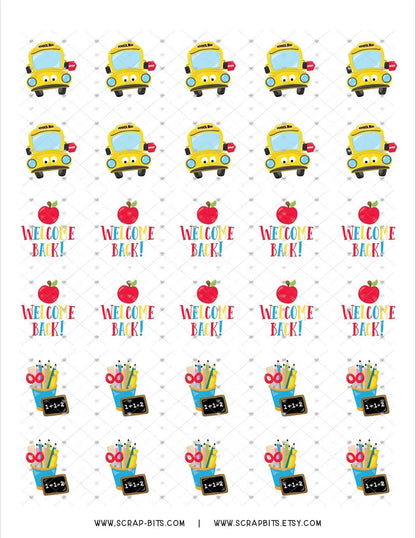 Welcome Back To School Sticker Set, School Bus, Pencil Cup, Apple - Scrap Bits