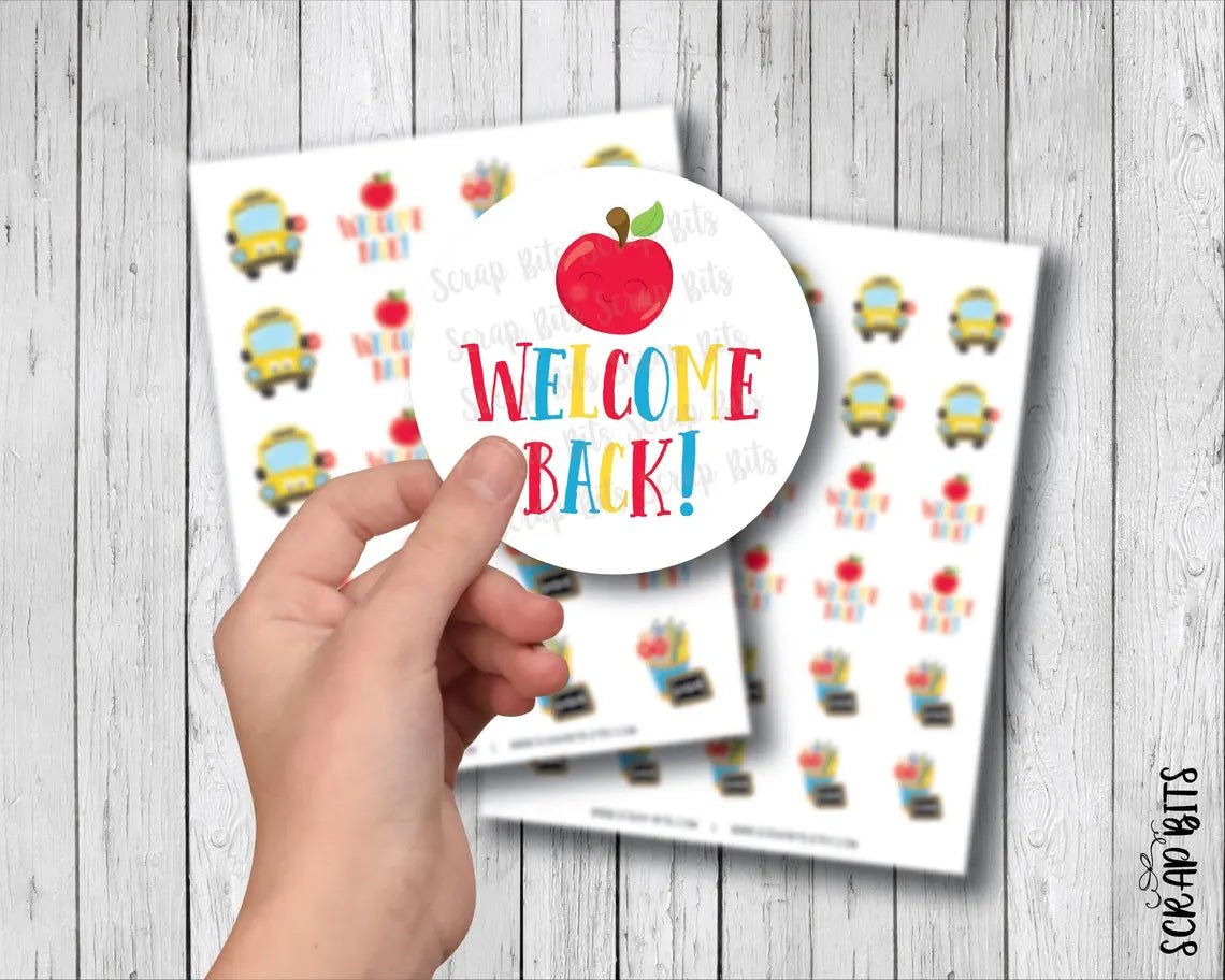 Welcome Back To School Sticker Set, School Bus, Pencil Cup, Apple - Scrap Bits