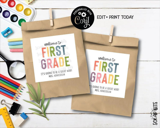 Welcome To First Grade Tags, Pastel Rainbow . Printable Back To School Tags, Instant Download Editable Template - Scrap Bits