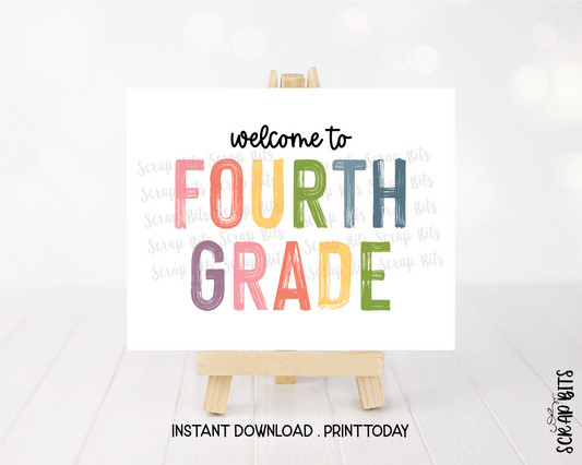 Welcome To Fourth Grade Sign, Pastel Rainbow Paintstroke Back To School Sign - Scrap Bits