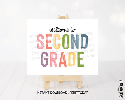 Welcome To Second Grade Sign, Pastel Rainbow Paintstroke Back To School Sign - Scrap Bits