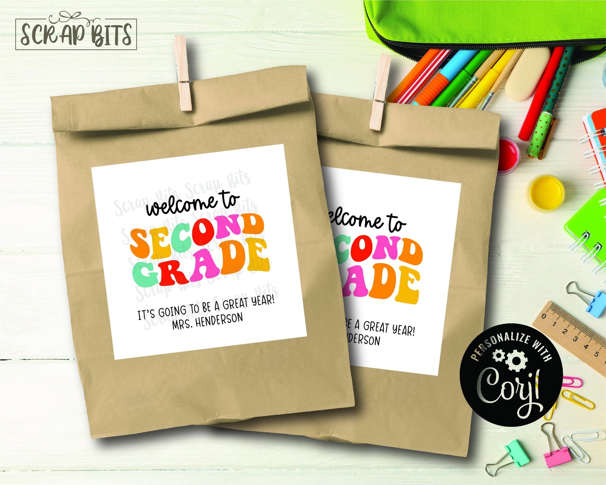 Welcome To Second Grade Tags, Bright Groovy, Printable Back To School Tags, Instant Download Editable Template - Scrap Bits