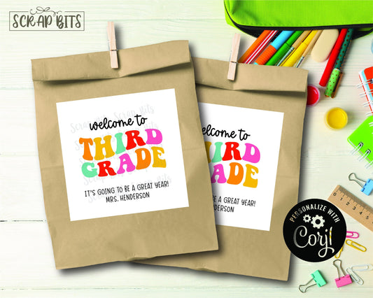 Welcome To Third Grade Tags, Bright Groovy, Printable Back To School Tags, Instant Download Editable Template - Scrap Bits