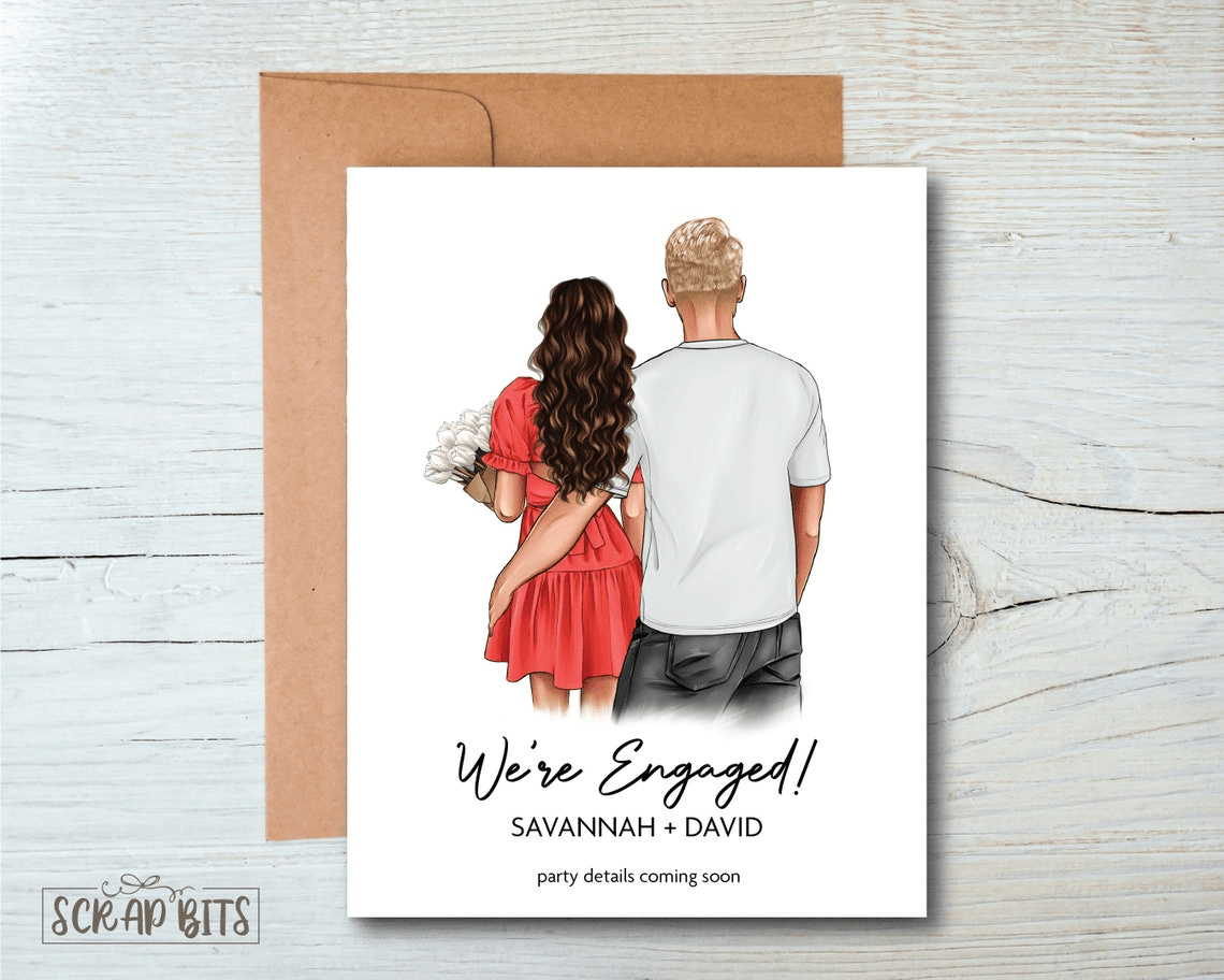 We're Engaged Couple Portrait Card, Personalized Engagement Annoucement Card - Scrap Bits