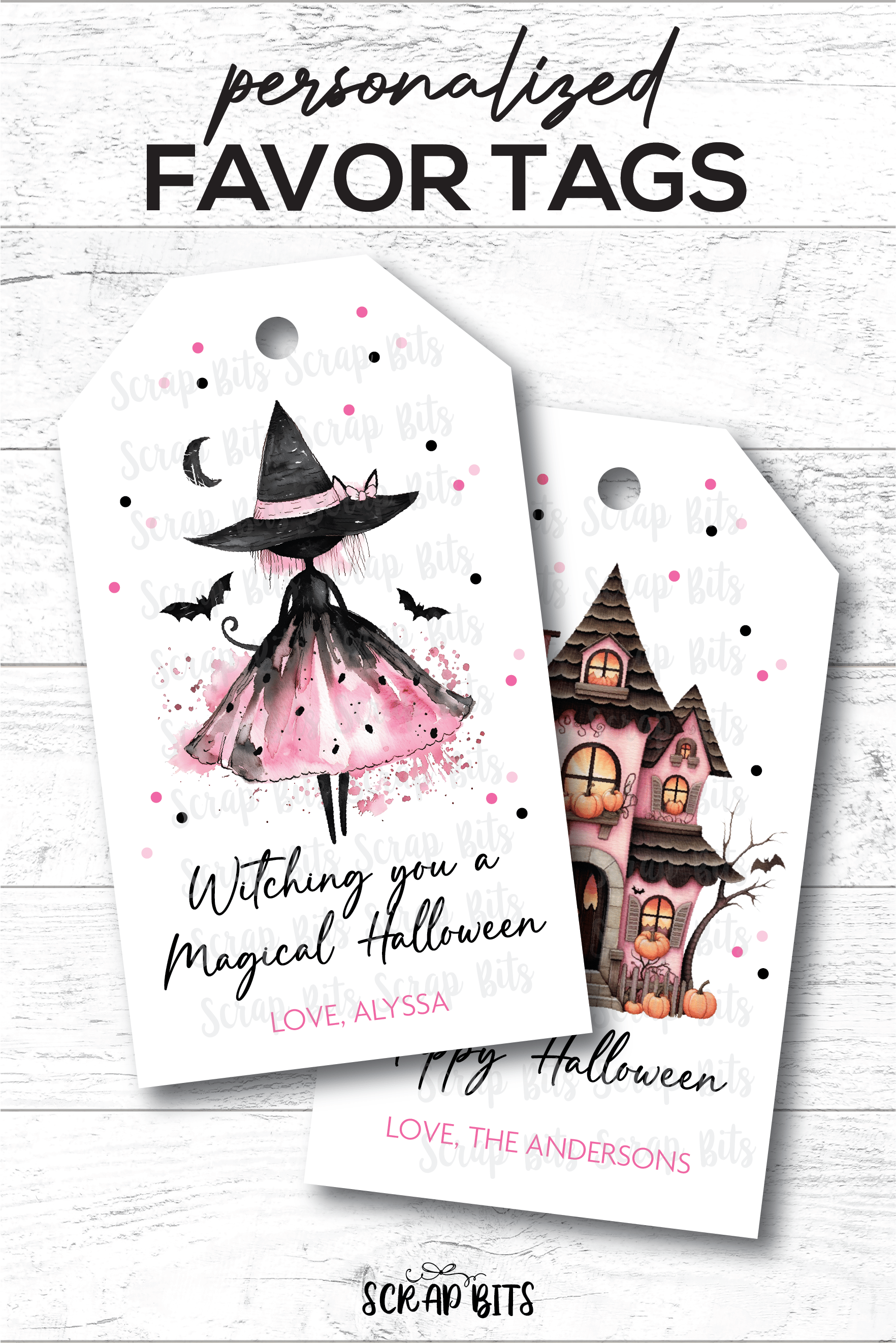 Whimsical Pink Witch & Haunted House Halloween Tag Set - Scrap Bits