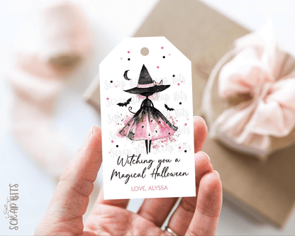 Whimsical Pink Witch & Haunted House Halloween Tag Set - Scrap Bits