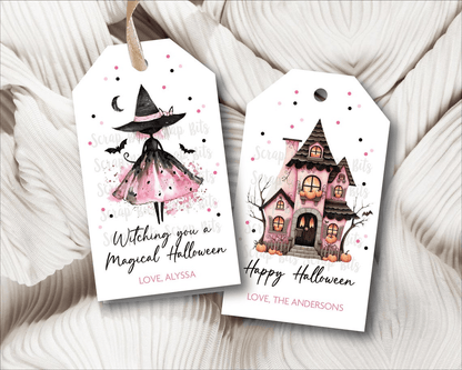 Whimsical Pink Witch & Haunted House Halloween Tag Set - Scrap Bits
