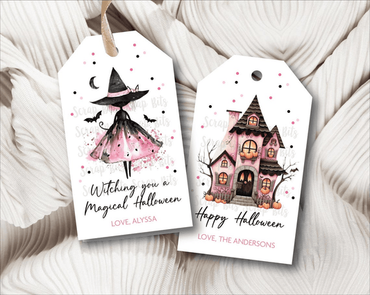 Whimsical Pink Witch & Haunted House Halloween Tag Set - Scrap Bits