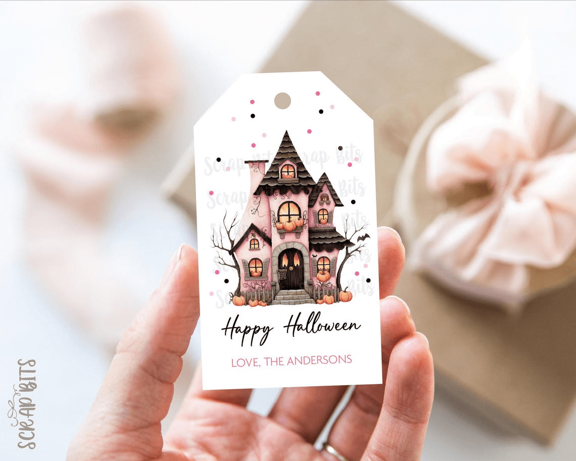Whimsical Pink Witch & Haunted House Halloween Tag Set - Scrap Bits