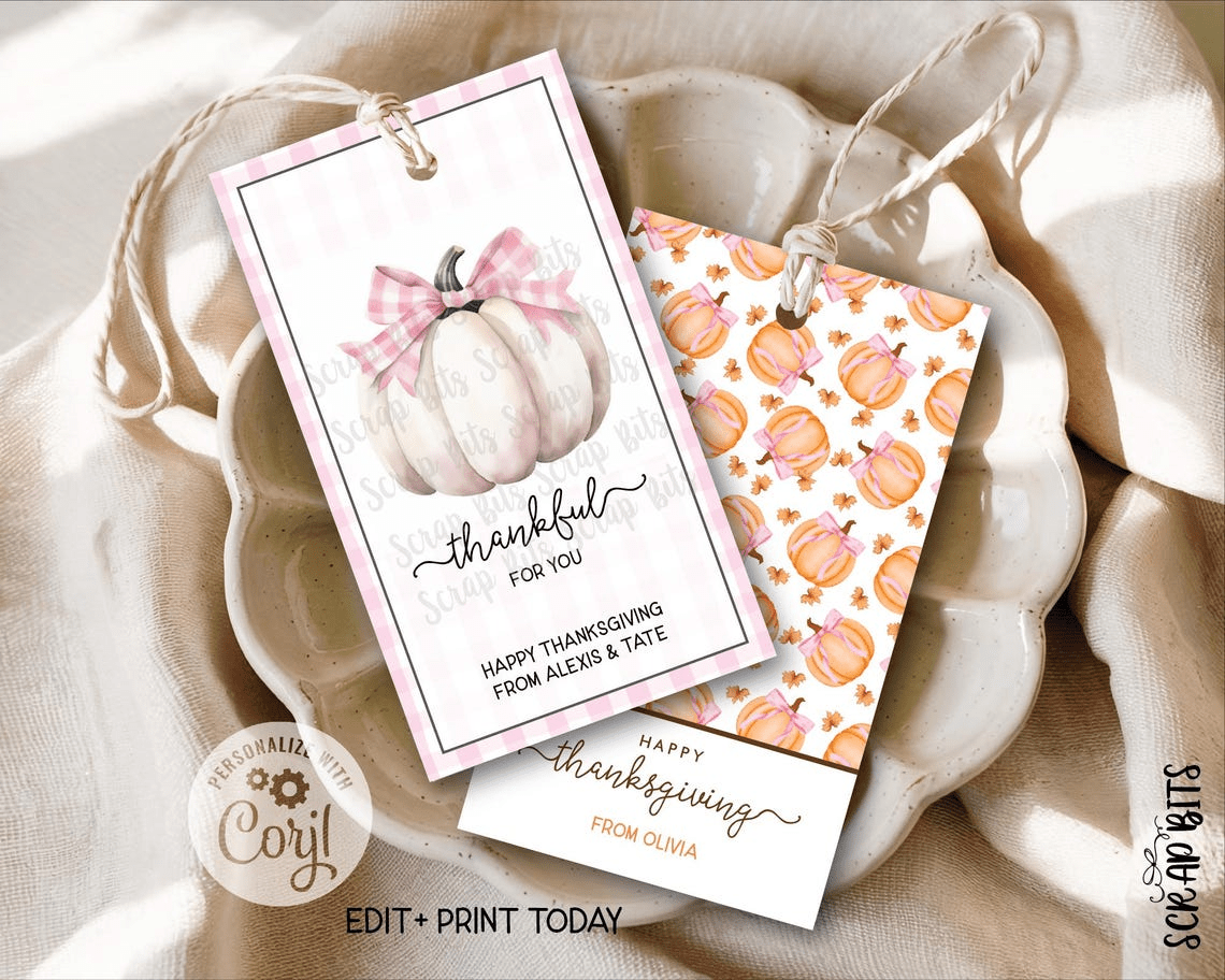 White Pumpkin Pink Gingham Coquette Bow, Printable Thanksgiving Favor Tag Set, Instant Download Editable Template - Scrap Bits