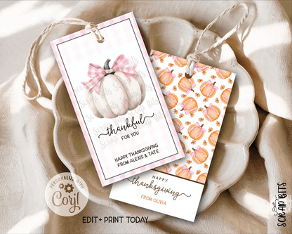 White Pumpkin Pink Gingham Coquette Bow, Printable Thanksgiving Favor Tag Set, Instant Download Editable Template - Scrap Bits