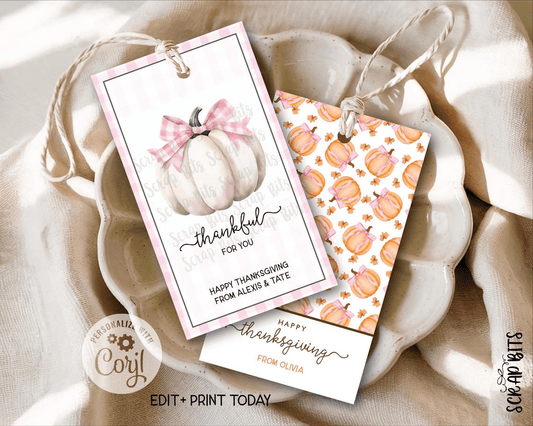 White Pumpkin Pink Gingham Coquette Bow, Printable Thanksgiving Favor Tag Set, Instant Download Editable Template - Scrap Bits