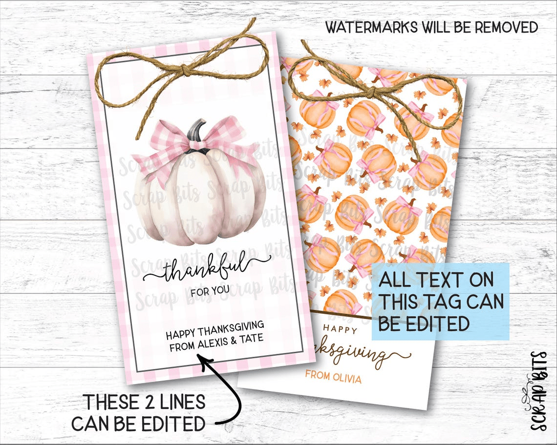 White Pumpkin Pink Gingham Coquette Bow, Printable Thanksgiving Favor Tag Set, Instant Download Editable Template - Scrap Bits