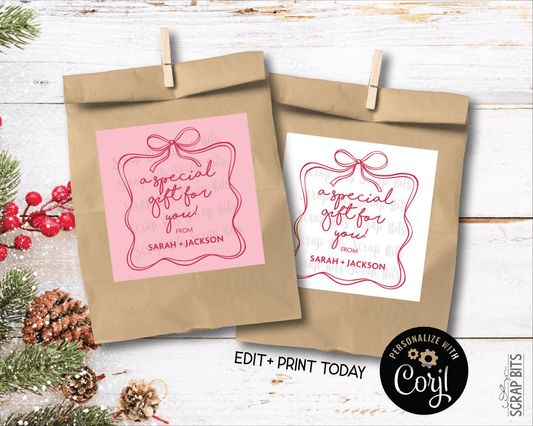 Wiggle Bow Border A Special Gift Printable Christmas Gift Tags, Instant Download Editable Template - Scrap Bits