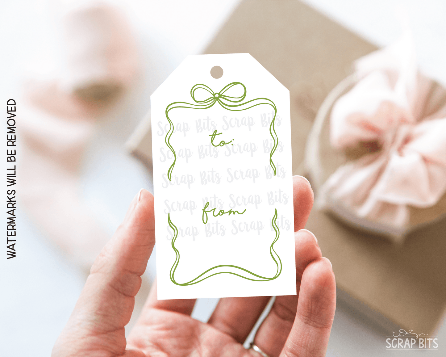 Wiggle Bow Frame To From, Pink & Green Printable Christmas Gift Tags, Instant Download - Scrap Bits