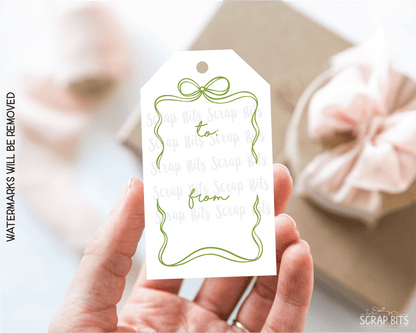 Wiggle Bow Frame To From, Pink & Green Printable Christmas Gift Tags, Instant Download - Scrap Bits