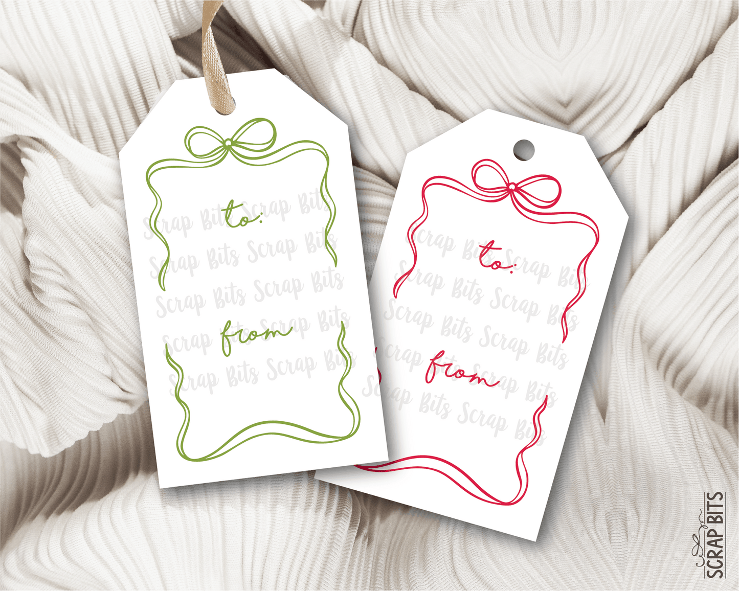 Wiggle Bow Frame To From, Pink & Green Printable Christmas Gift Tags, Instant Download - Scrap Bits