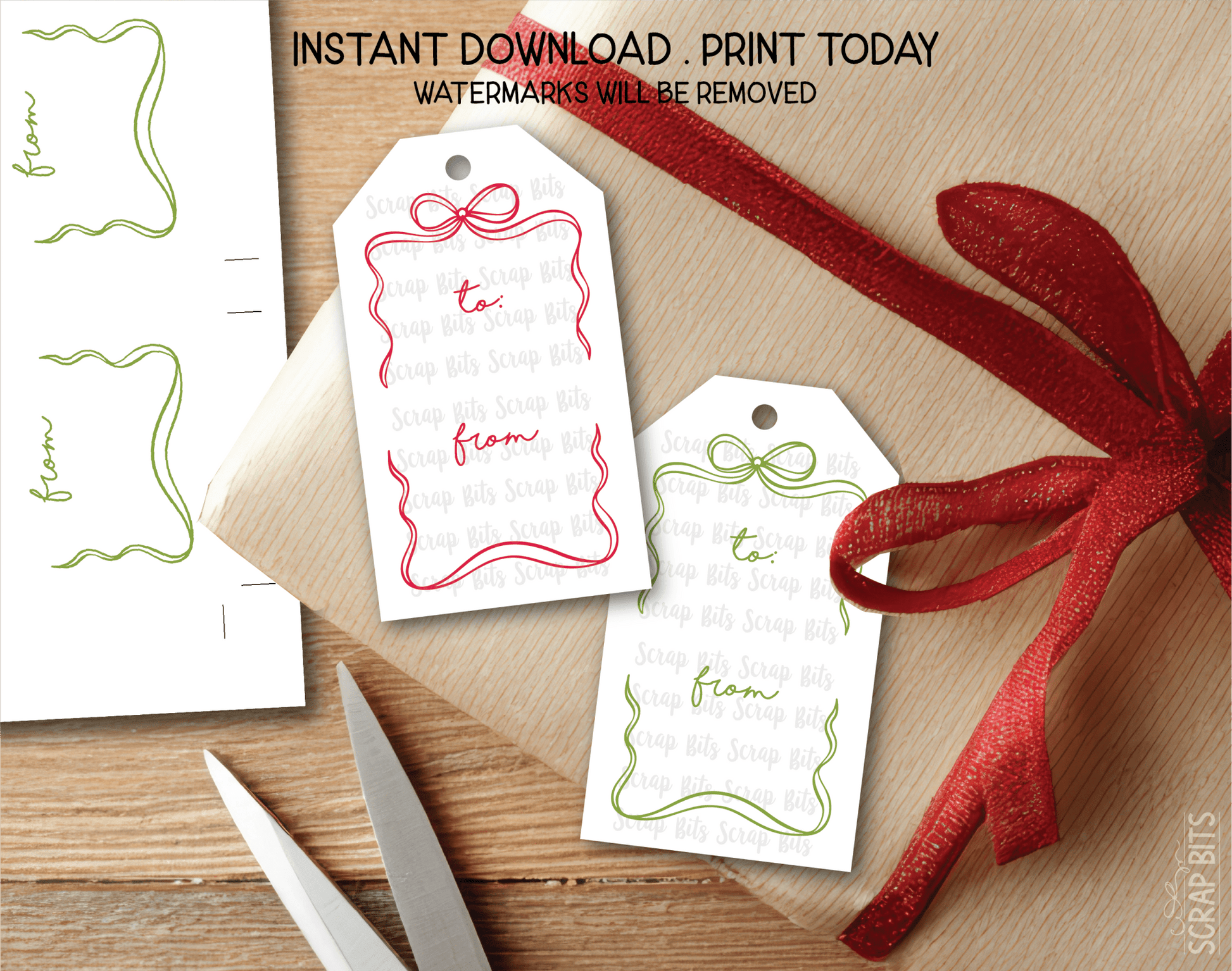 Wiggle Bow Frame To From, Pink & Green Printable Christmas Gift Tags, Instant Download - Scrap Bits