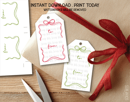 Wiggle Bow Frame To From, Pink & Green Printable Christmas Gift Tags, Instant Download - Scrap Bits