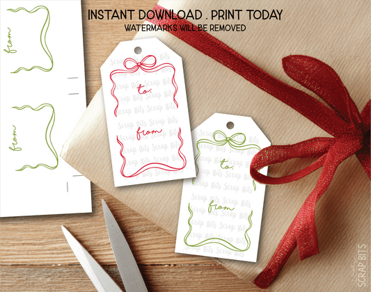 Wiggle Bow Frame To From, Pink & Green Printable Christmas Gift Tags, Instant Download - Scrap Bits