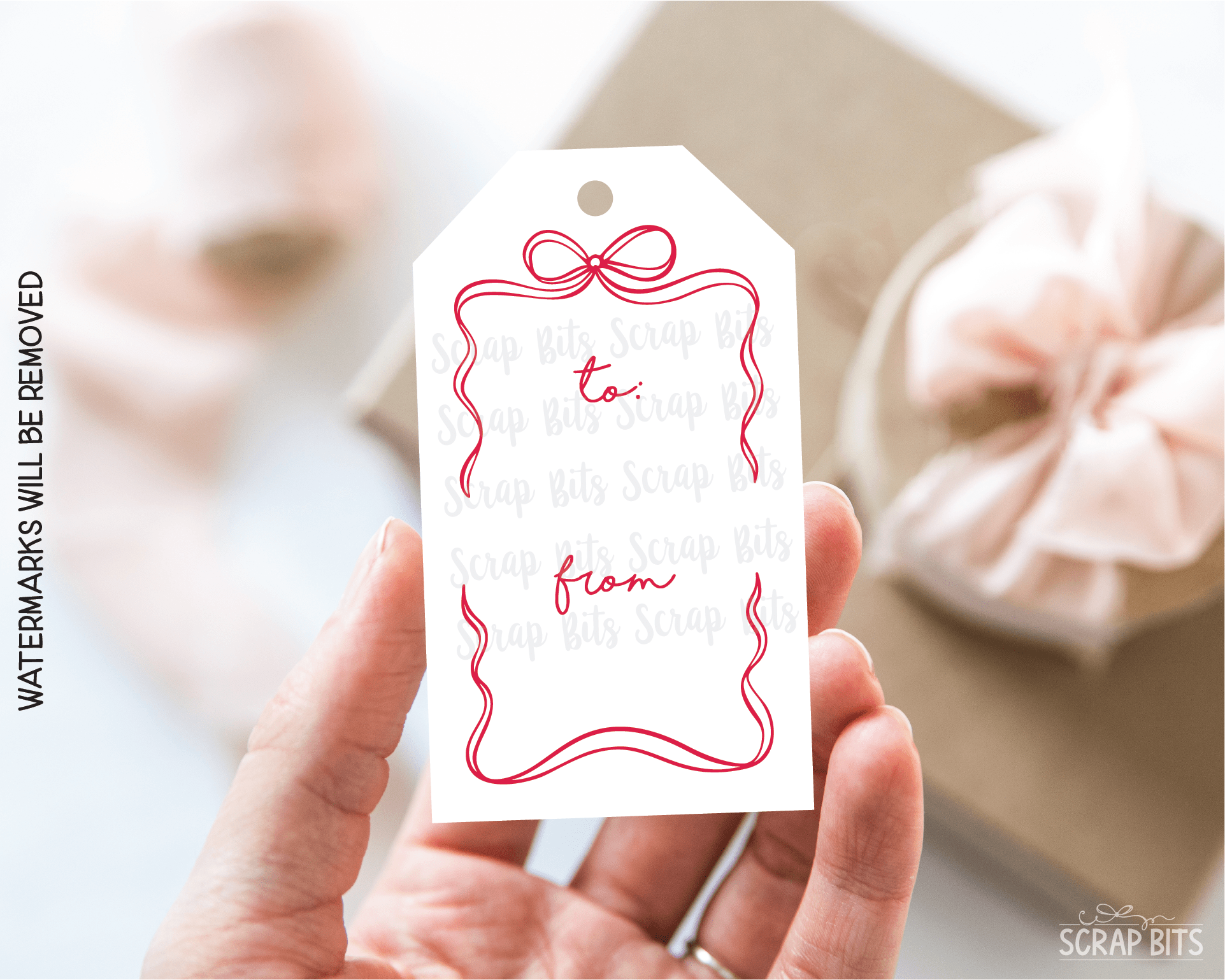 Wiggle Bow Frame To From, Pink & Green Printable Christmas Gift Tags, Instant Download - Scrap Bits