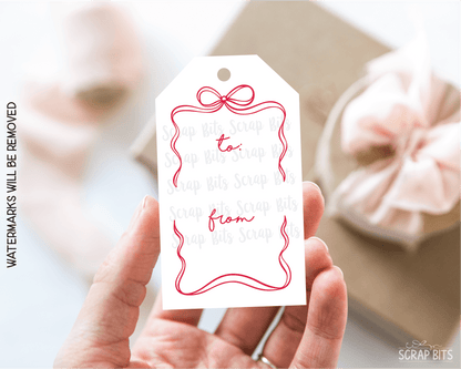 Wiggle Bow Frame To From, Pink & Green Printable Christmas Gift Tags, Instant Download - Scrap Bits